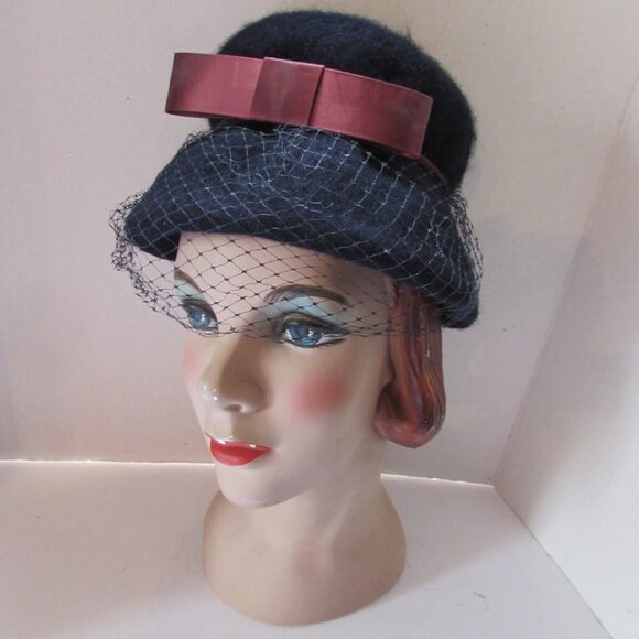 SALE  Vintage Hat  Bucket or Lampshade Style Navy Felt Burgundy Bow main image 13